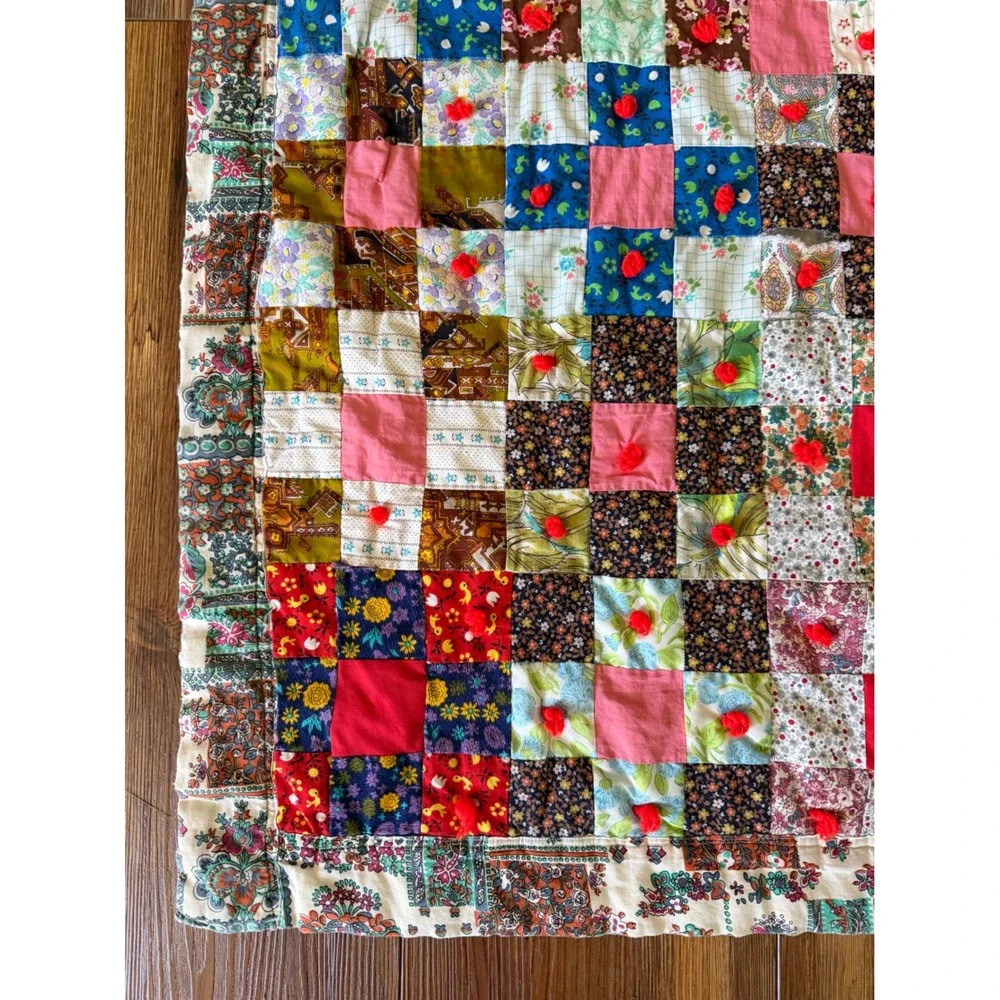 Vintage Handmade Patchwork Tied Quilt Multi-Color Floral Boho Throw 21x35